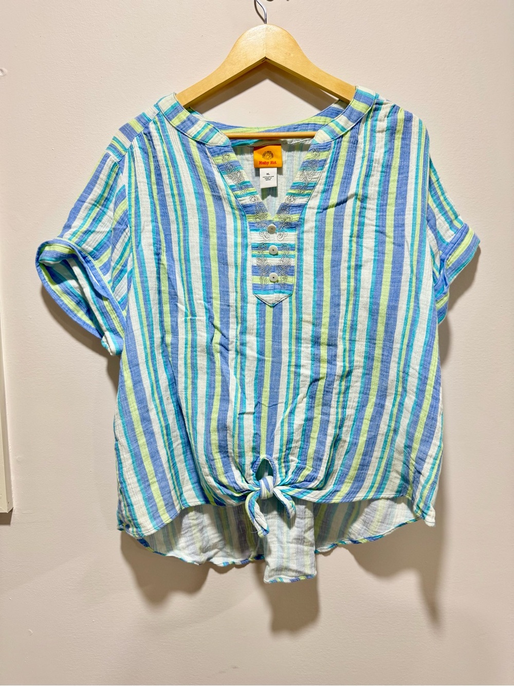 Ruby Rd Blue Green Stripe Embroidered Tie Front Top XL 100% Cotton